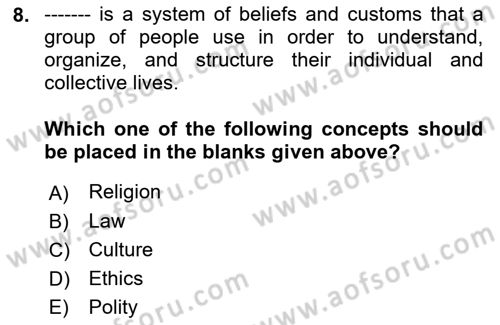 Introduction to Sociology Dersi 2021 - 2022 Yılı Yaz Okulu Sınav Soruları 8. Soru