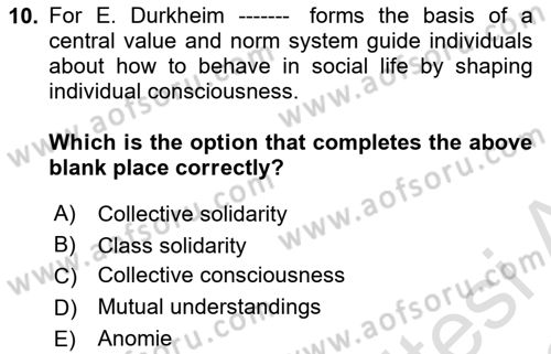 Introduction to Sociology Dersi 2022 - 2023 Yılı (Vize) Ara Sınav Soruları 10. Soru