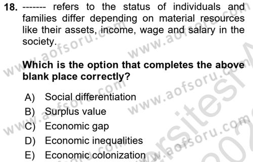 Introduction to Sociology Dersi 2022 - 2023 Yılı (Vize) Ara Sınavı 18. Soru