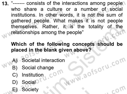 Introduction to Sociology Dersi Ara Sınavı Deneme Sınav Soruları 13. Soru