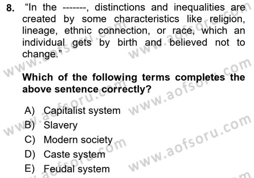 Introduction to Sociology Dersi Ara Sınavı Deneme Sınav Soruları 8. Soru