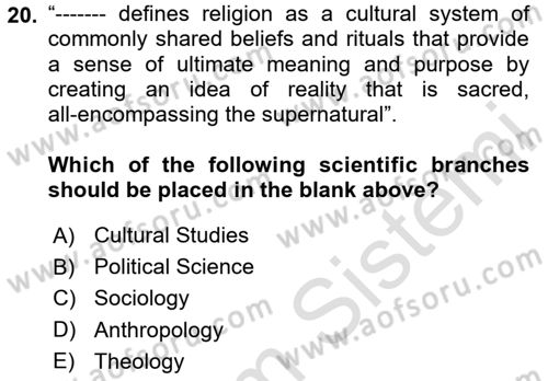 Introduction to Sociology Dersi 2024 - 2025 Yılı Yaz Okulu Sınav Soruları 20. Soru