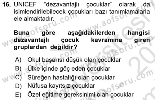 Çocukluk Sosyolojisi Dersi 2023 - 2024 Yılı (Final) Dönem Sonu Sınav Soruları 16. Soru