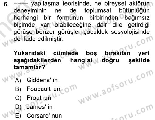 Çocukluk Sosyolojisi Dersi 2024 - 2025 Yılı (Vize) Ara Sınav Soruları 6. Soru