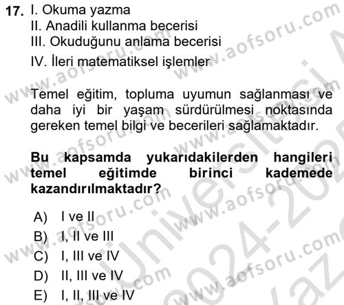 Çocukluk Sosyolojisi Dersi 2024 - 2025 Yılı Yaz Okulu Sınav Soruları 17. Soru