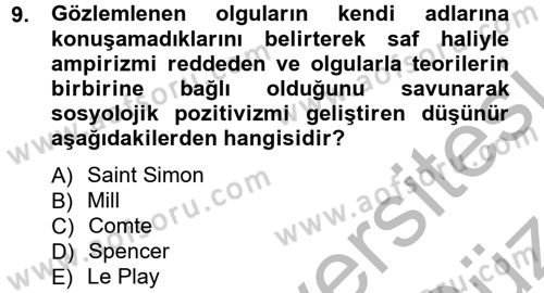 Klasik Sosyoloji Tarihi Dersi 2012 - 2013 Yılı (Vize) Ara Sınav Soruları 9. Soru