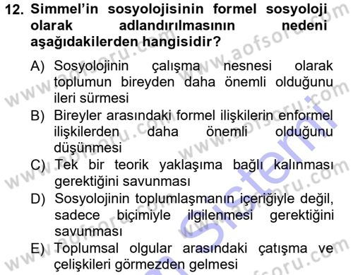 Klasik Sosyoloji Tarihi Dersi 2012 - 2013 Yılı (Final) Dönem Sonu Sınav Soruları 12. Soru