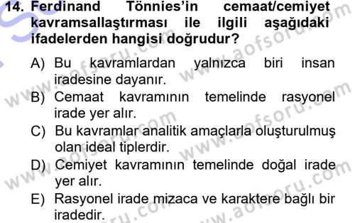 Klasik Sosyoloji Tarihi Dersi 2012 - 2013 Yılı (Final) Dönem Sonu Sınav Soruları 14. Soru