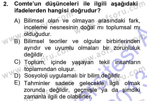 Klasik Sosyoloji Tarihi Dersi 2012 - 2013 Yılı (Final) Dönem Sonu Sınav Soruları 2. Soru