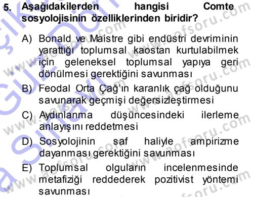 Klasik Sosyoloji Tarihi Dersi Ara Sınavı Deneme Sınav Soruları 5. Soru