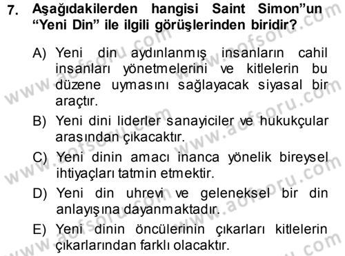 Klasik Sosyoloji Tarihi Dersi Ara Sınavı Deneme Sınav Soruları 7. Soru