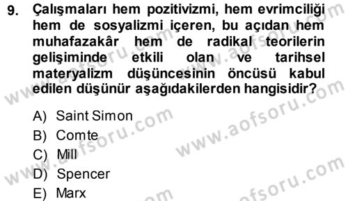 Klasik Sosyoloji Tarihi Dersi Ara Sınavı Deneme Sınav Soruları 9. Soru