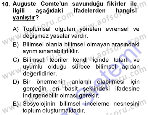 Klasik Sosyoloji Tarihi Dersi 2014 - 2015 Yılı (Vize) Ara Sınavı 10. Soru