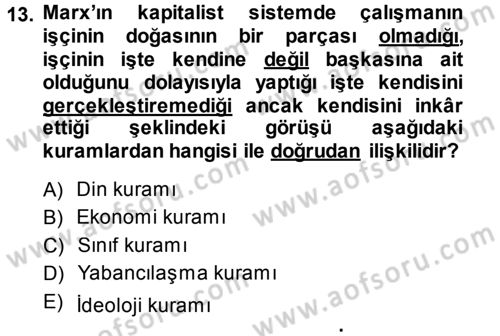 Klasik Sosyoloji Tarihi Dersi 2014 - 2015 Yılı (Vize) Ara Sınavı 13. Soru