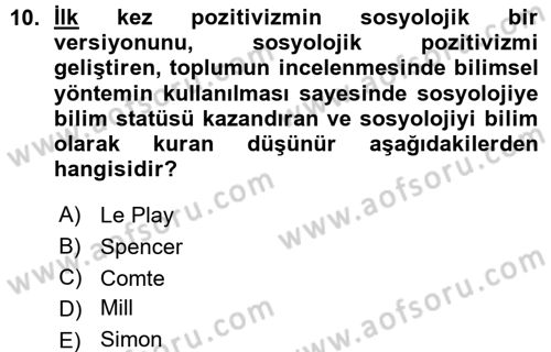Klasik Sosyoloji Tarihi Dersi 2015 - 2016 Yılı (Vize) Ara Sınav Soruları 10. Soru