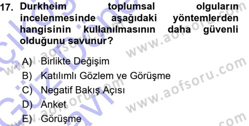 Klasik Sosyoloji Tarihi Dersi 2015 - 2016 Yılı (Vize) Ara Sınav Soruları 17. Soru
