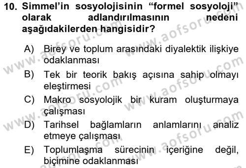 Klasik Sosyoloji Tarihi Dersi 2015 - 2016 Yılı (Final) Dönem Sonu Sınav Soruları 10. Soru