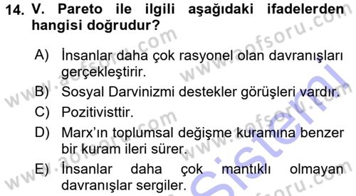 Klasik Sosyoloji Tarihi Dersi 2015 - 2016 Yılı (Final) Dönem Sonu Sınav Soruları 14. Soru
