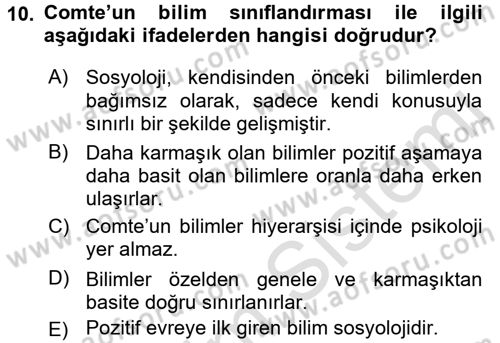 Klasik Sosyoloji Tarihi Dersi 2016 - 2017 Yılı (Vize) Ara Sınav Soruları 10. Soru