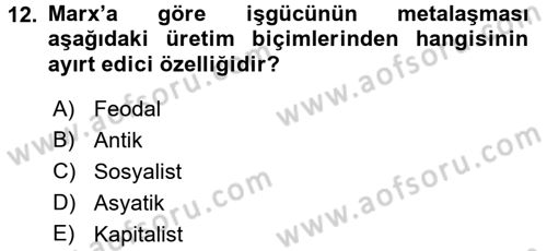 Klasik Sosyoloji Tarihi Dersi 2016 - 2017 Yılı (Vize) Ara Sınav Soruları 12. Soru
