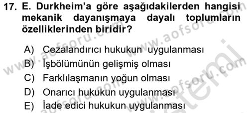 Klasik Sosyoloji Tarihi Dersi 2016 - 2017 Yılı (Vize) Ara Sınav Soruları 17. Soru