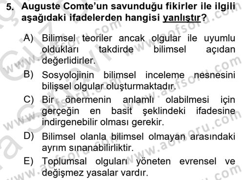 Klasik Sosyoloji Tarihi Dersi 2016 - 2017 Yılı (Vize) Ara Sınav Soruları 5. Soru