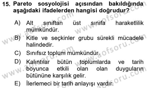 Klasik Sosyoloji Tarihi Dersi 2016 - 2017 Yılı (Final) Dönem Sonu Sınavı 15. Soru