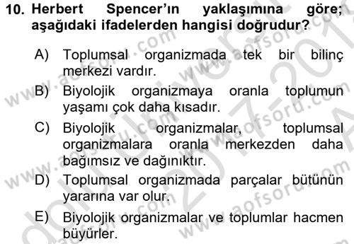 Klasik Sosyoloji Tarihi Dersi 2017 - 2018 Yılı (Vize) Ara Sınavı 10. Soru