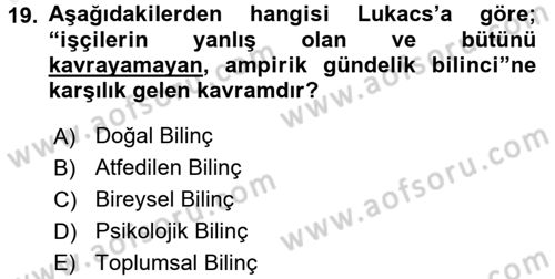 Klasik Sosyoloji Tarihi Dersi 2017 - 2018 Yılı (Final) Dönem Sonu Sınavı 19. Soru