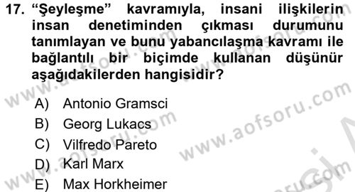 Klasik Sosyoloji Tarihi Dersi 2018 - 2019 Yılı 3 Ders Sınavı 17. Soru
