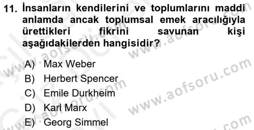 Klasik Sosyoloji Tarihi Dersi Ara Sınavı Deneme Sınav Soruları 11. Soru