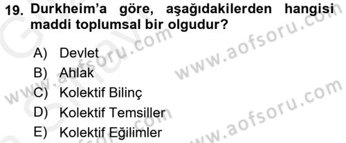 Klasik Sosyoloji Tarihi Dersi Ara Sınavı Deneme Sınav Soruları 19. Soru