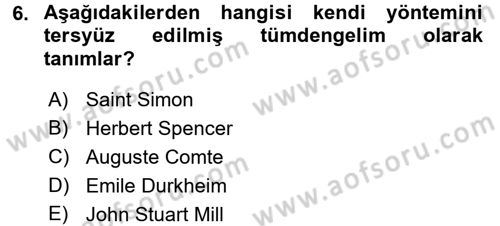 Klasik Sosyoloji Tarihi Dersi Ara Sınavı Deneme Sınav Soruları 6. Soru