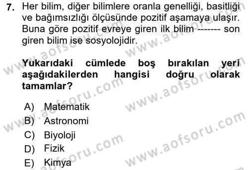 Klasik Sosyoloji Tarihi Dersi Ara Sınavı Deneme Sınav Soruları 7. Soru