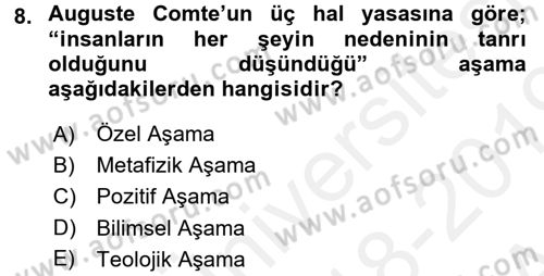 Klasik Sosyoloji Tarihi Dersi Ara Sınavı Deneme Sınav Soruları 8. Soru