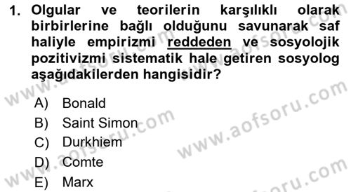 Klasik Sosyoloji Tarihi Dersi 2018 - 2019 Yılı Yaz Okulu Sınav Soruları 1. Soru