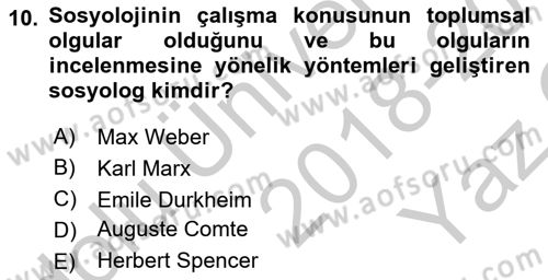 Klasik Sosyoloji Tarihi Dersi 2018 - 2019 Yılı Yaz Okulu Sınav Soruları 10. Soru