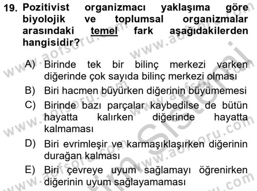 Klasik Sosyoloji Tarihi Dersi 2018 - 2019 Yılı Yaz Okulu Sınav Soruları 19. Soru