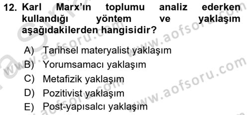 Klasik Sosyoloji Tarihi Dersi Ara Sınavı Deneme Sınav Soruları 12. Soru