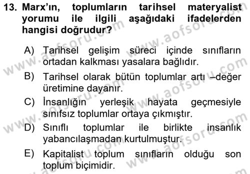 Klasik Sosyoloji Tarihi Dersi Ara Sınavı Deneme Sınav Soruları 13. Soru