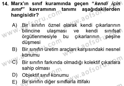 Klasik Sosyoloji Tarihi Dersi Ara Sınavı Deneme Sınav Soruları 14. Soru