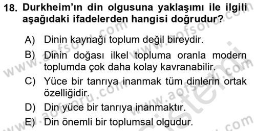 Klasik Sosyoloji Tarihi Dersi Ara Sınavı Deneme Sınav Soruları 18. Soru