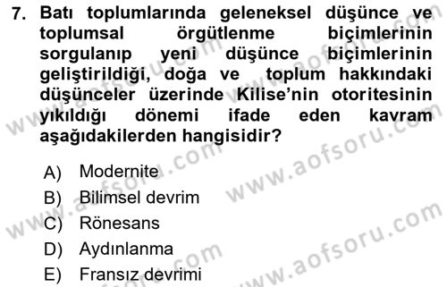 Klasik Sosyoloji Tarihi Dersi Ara Sınavı Deneme Sınav Soruları 7. Soru
