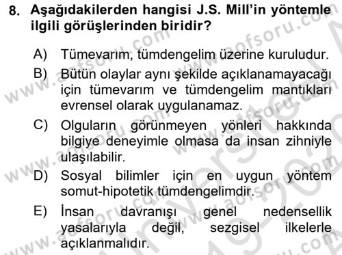 Klasik Sosyoloji Tarihi Dersi Ara Sınavı Deneme Sınav Soruları 8. Soru