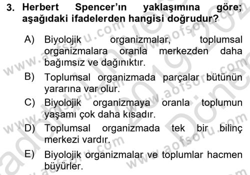 Klasik Sosyoloji Tarihi Dersi 2019 - 2020 Yılı (Final) Dönem Sonu Sınav Soruları 3. Soru