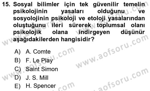 Klasik Sosyoloji Tarihi Dersi 2020 - 2021 Yılı Yaz Okulu Sınav Soruları 15. Soru
