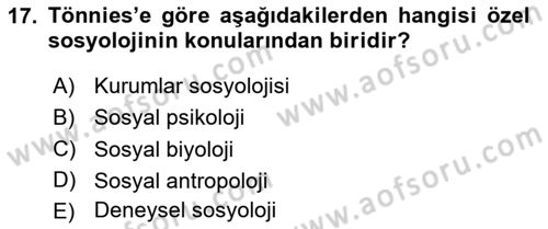 Klasik Sosyoloji Tarihi Dersi 2020 - 2021 Yılı Yaz Okulu Sınav Soruları 17. Soru