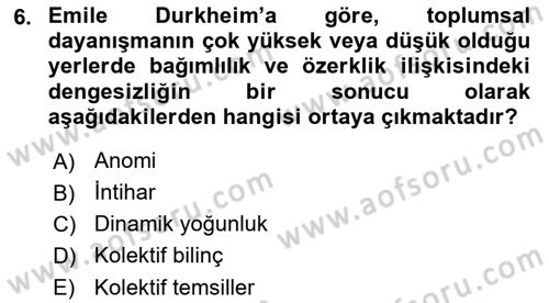 Klasik Sosyoloji Tarihi Dersi 2020 - 2021 Yılı Yaz Okulu Sınav Soruları 6. Soru
