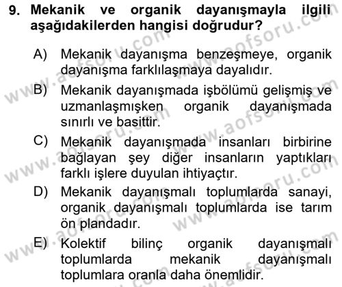 Klasik Sosyoloji Tarihi Dersi 2020 - 2021 Yılı Yaz Okulu Sınav Soruları 9. Soru