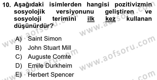 Klasik Sosyoloji Tarihi Dersi 2021 - 2022 Yılı (Vize) Ara Sınav Soruları 10. Soru